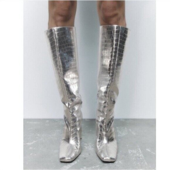 Zara Metallic Laminated Crocodile Embossed Knee High Boots Euro Sz 40 US Sz 9 - Picture 3 of 16